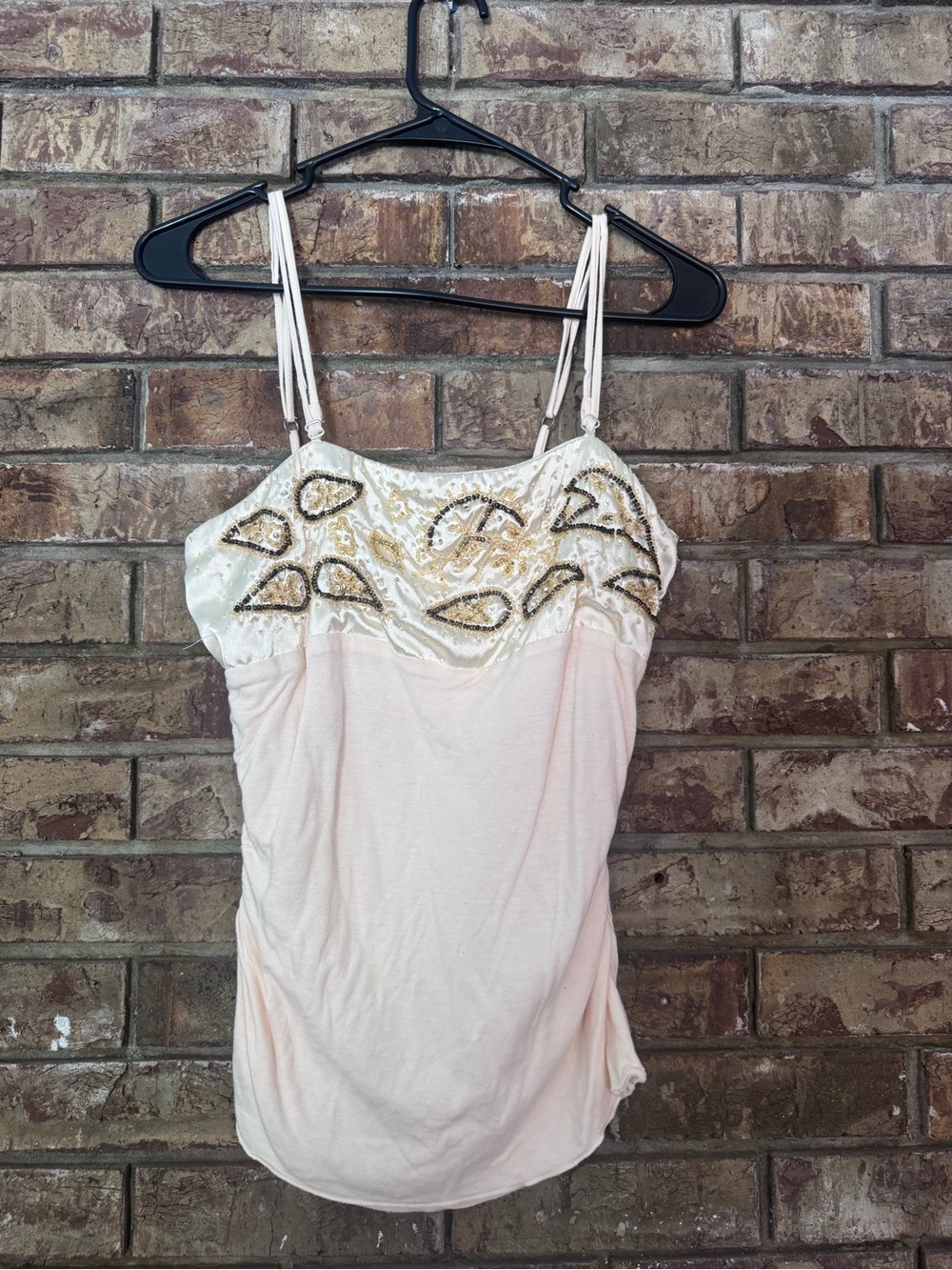 Y2K 2000’s Bisou Bisou Cream Beaded Spaghetti Strap ruched cami going out top
